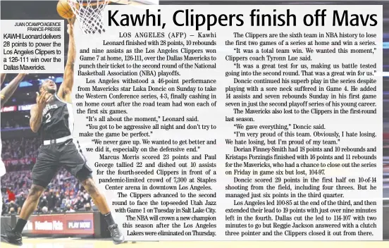  ?? JUAN OCAMPO/AGENCE FRANCE-PRESSE ?? KAWHI Leonard delivers 28 points to power the Los Angeles Clippers to a 126-111 win over the Dallas Mavericks.