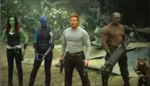  ?? DISNEY-MARVEL ?? Zoe Saldana, from left, Karen Gillan, Chris Pratt, Dave Bautista and Rocket, voiced by Bradley Cooper, in a scene from, “Guardians Of The Galaxy Vol. 2.”