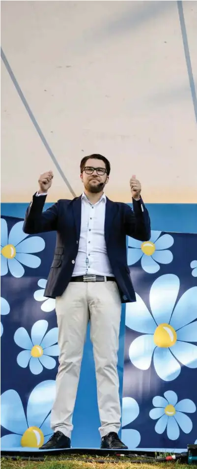  ?? HENRIK MONTGOMERY / TT ?? Sverigedem­okraterne og deres leder Jimmie Åkesson kan bli Sveriges nest største parti