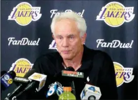  ?? GREG BEACHAM — THE ASSOCIATED PRESS FILE ?? file photo Los Angeles Lakers general manager Mitch Kupchak speaks to reporters at team headquarte­rs in El Segundo The Charlotte Hornets hired Kupchak as president of basketball operations and general manager Sunday giving him full control of day-today...