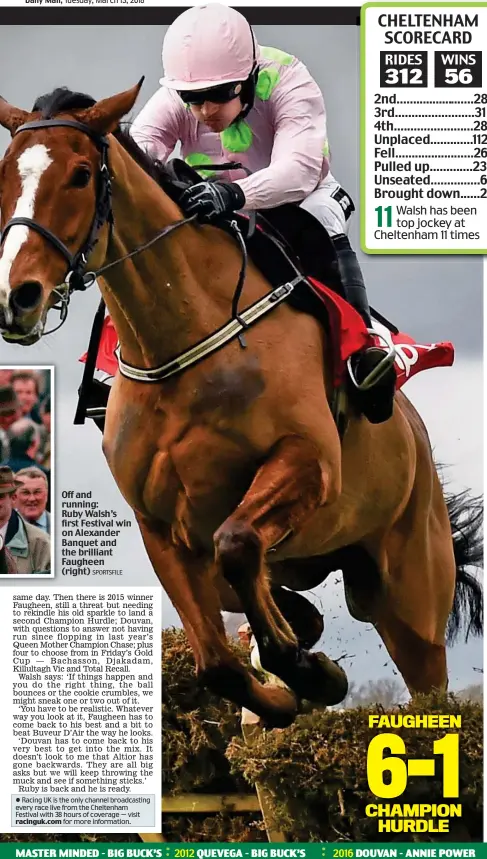  ?? SPORTSFILE ?? Off and running: Ruby Walsh’s first Festival win on Alexander Banquet and the brilliant Faugheen (right)