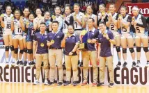  ??  ?? The Adamson Lady Falcons celebrate their title victory over the UST Tigresses in the PVL Collegiate Conference yesterday at The Arena in San Juan.