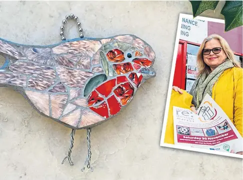  ?? ?? SHOPPING LOCAL: The Katy Galbraith hanging robin mosaic is one of the items on offer. Inset: Caron Ironside.