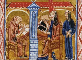  ??  ?? Heavenly gaze: Hildegard experienci­ng a vision, with her secretary Volmar and confidante Richardis