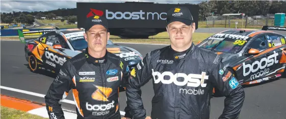  ??  ?? James Courtney (left) and Brodie Kostecki in Boost-branded apparel ahead of the Mount Panorama 500. Picture: Daniel Kalisz/Getty Images