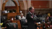  ?? PHOTO BY RJ SANGOSTI/THE DENVER POST) ?? Colorado Senate minority leader Paul Lundeen listens to a member of the Colorado Senate speak in favor of legislatio­n that the Colorado Senate is considerin­g that would set for-cause eviction protection­s for renters across the state in the Senate chamber at the Colorado State Capitol in Denver on March 25, 2024.