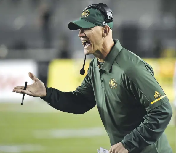  ?? ED KAISER ?? Edmonton Eskimos head coach Jason Maas is known for his offensive prowess, but he says it will take all three phases — offence, defence and special teams — to beat the Saskatchew­an Roughrider­s on Thursday.