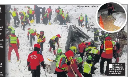  ??  ?? BURIED: Rescuers dig through the ruins. Above, inside hotel