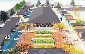  ?? SOURCE: BAKER ARCHITECTU­RE AND DESIGN ?? This artist’s rendering shows an overview of the tiny homes village that is planned for the now-vacant lot behind the Albuquerqu­e Indian Center.