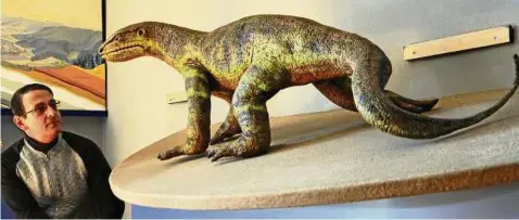  ??  ?? Der Raniser Bürgermeis­ter Andreas Gliesing mit dem Modell eines Protorosau­rus, einem Vorfahr der Dinosaurie­r. Fotos (): Ulrike Merkel