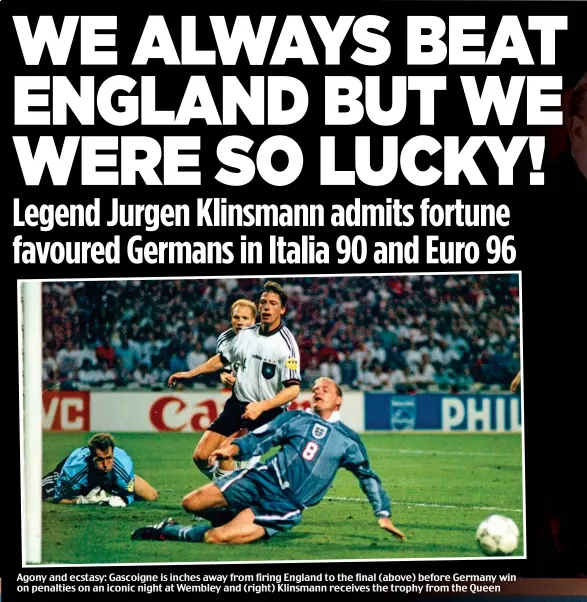  ??  ?? Agony and ecstasy: Gascoigne is inches away from firing England to the final (above) before Germany win on penalties on an iconic night at Wembley and (right) Klinsmann receives the trophy from the Queen