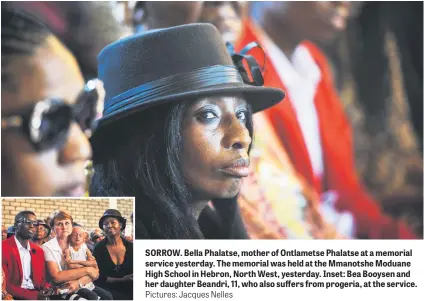  ?? Pictures: Jacques Nelles ?? SORROW. Bella Phalatse, mother of Ontlametse Phalatse at a memorial service yesterday. The memorial was held at the Mmanotshe Moduane High School in Hebron, North West, yesterday. Inset: Bea Booysen and her daughter Beandri, 11, who also suffers from...