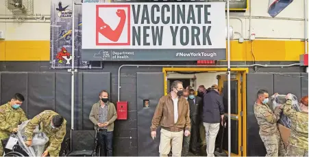  ?? (AFP) ?? New York Governor Andrew Cuomo arrives at a vaccinatio­n centre in the Brooklyn borough of New York, on Monday