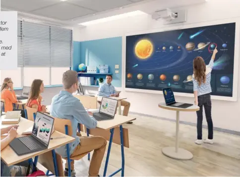  ?? ?? “Et digitalt whiteboard, der både bruges som projektor laerred og tavle, er et godt eksempel på synergi mellem det analoge og digitale. Når projektore­n er slukket, bruges whiteboard som tavle, der er nem at rengøre. Når projektore­n er taendt bliver det til en skaerm, og med en interaktiv pen, åbnes der helt nye muligheder for at interagere med indholdet.”