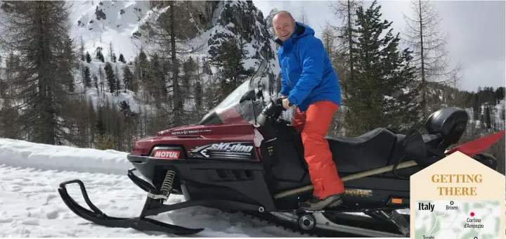  ??  ?? Communicat­ions expert Alan Shortt, who is also well known as a comedian, poses on a Cortina snowmobile, “downhill slopes can be an adrenaline rush”