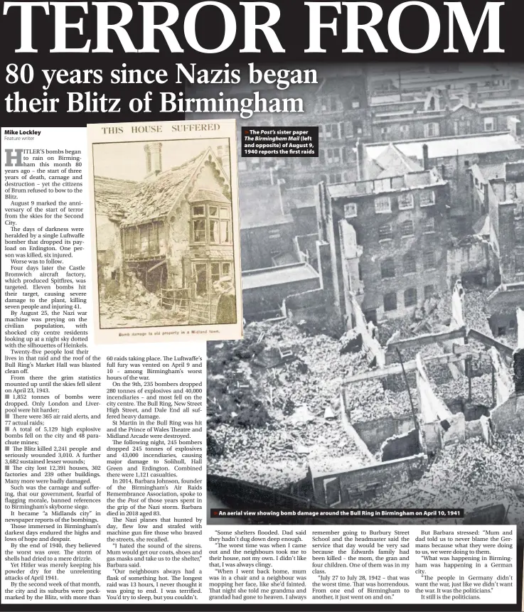  ??  ?? sister paper
(left and opposite) of August 9, 1940 reports the first raids
The
An aerial view showing bomb damage around the Bull Ring in Birmingham on April 10, 1941