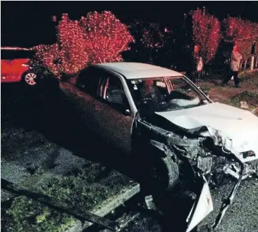  ??  ?? A young driver lost control of his car and crashed into a concrete wall on the corner of Park Rd and Hazelmere Crs in Te Awamutu. Three passengers were transporte­d to Waikato Hospital – one with serious injuries and the other two moderate.