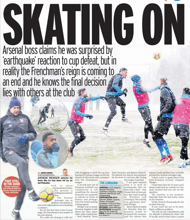  ??  ?? FOOT STILL IN THE DOOR Wenger enjoyed a kick-around while his players trained in the snow yesterday