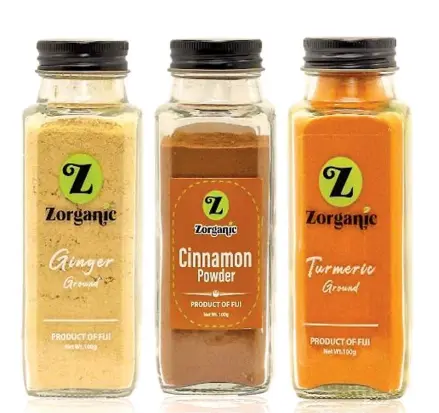  ?? ?? Zorganic’s three newly-launched products, Ginger Ground, Cinnamon Powder and Turmeric Ground.