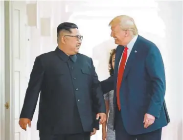  ?? AFP PHOTO/KCNA VIA KNS ?? In this picture taken on June 12 and released by North Korea’s official Korean Central News Agency (KCNA), U.S. President Donald Trump and North Korean leader Kim Jong Un walk to their historic summit at the Capella Hotel on Sentosa island in Singapore.
