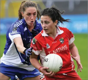  ??  ?? Bernice Byrne. Geevagh, tackles Ciara Gorman of St Nathy’s.