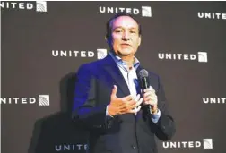  ?? ASSOCIATED PRESS FILE PHOTO ?? United Airlines CEO Oscar Munoz delivers remarks in New York, during a presentati­on of the carrier’s new Polaris service in June, 2016.