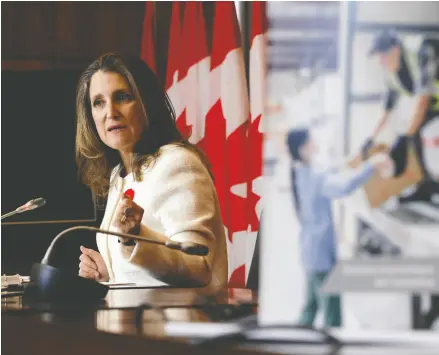  ?? BLAIR GABLE / REUTERS FILES ?? Kelly Mcparland wonders whether Finance Minister Chrystia Freeland will actually deliver
on the fiscal prudence she espouses when she presents her budget this spring.