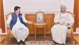  ??  ?? Shaikh Khalid bin Hilal al Maawali, Chairman of Majlis Ash’shura, with Muhammad Sadiq Sanjrani, Pakistan Senate Chairman, in Muscat on Monday.