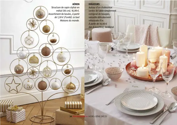  ??  ?? Structure de sapin stylisé en métal ( 95 cm), 16,99 €. Assortimen­t de boules, à partir de 1,59 € (l’unité). Le tout Maisons du monde. Autour d’un chaleureux centre de table simplement composé de bougies, vaisselle délicateme­nt rehaussée d’or. À partir...