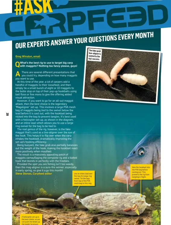  ??  ?? A helicopter set-up is the best choice, as you can push the beads up the leader to ensure the hooklink is taut.
The fake grub line-aligner is central to the rig’s success.
Use an inline lead over the top of a large ring swivel. Tie the tags from top of the PVA mesh bag to this ring.
Nick the hookbait into the PVA bag before casting out. This prevents the rig from tangling in flight.