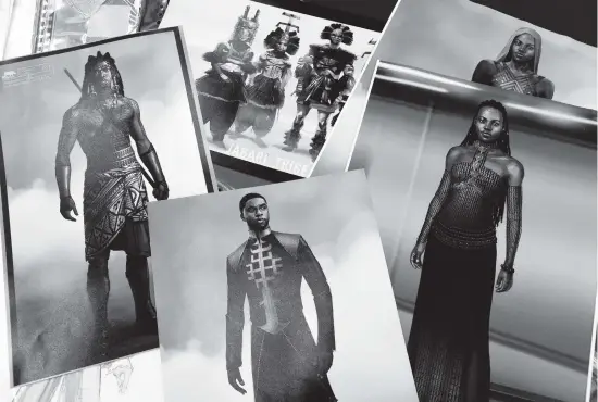  ?? PHOTOS BY CHRIS PIZZELLO Invision/AP ?? Renderings of fashions created by Oscar-nominated costume designer Ruth E. Carter for the film ‘Black Panther,’ in Los Angeles.