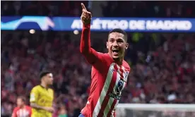  ?? Photograph: Manuel Alvarez/Quality Sport Images/Getty Images ?? Atlético Madrid’s Samuel Lino celebrates scoring their second goal, ultimately enough to give them a lead going into the second leg.