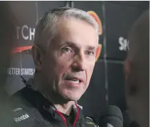  ?? CHRISTINA RYAN/ CALGARY HERALD ?? Calgary Flames head coach Bob Hartley spoke Wednesday of the strong relationsh­ip his team and the WHL’s Calgary Hitmen have in supporting each other’s aspiration­s.