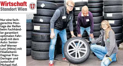  ??  ?? Nur eine fachgerech­te Montage der Reifen beim Fachhändle­r garantiert optimalen Fahrspaß mit dem Auto: Seniorchef Werner Lutz ( Mitte) mit Filialleit­erin Dagmar PraxDering­er und Juniorchef Michael Hof.