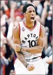  ??  ?? Toronto Raptors’ DeMar DeRozan (10) celebrates his three pointer to take the lead against the Indiana Pacers during the second half of Game 5 of an NBA first-round playoff basketball series on April 26, in Toronto.