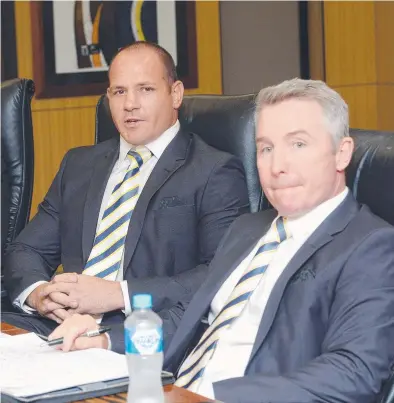  ?? Picture: SCOTT RADFORD- CHISHOLM ?? NO JOY: North Queensland Cowboys player Matt Scott faces the judiciary last night via video link from Cowboys HQ with coach Paul Green ( right).