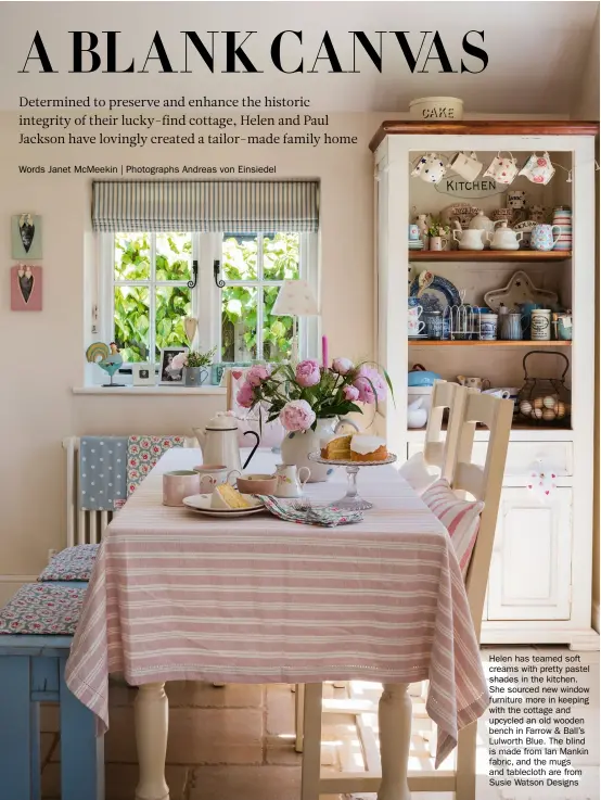  ??  ?? Helen has teamed soft creams with pretty pastel shades in the kitchen. She sourced new window furniture more in keeping with the cottage and upcycled an old wooden bench in Farrow & Ball’s Lulworth Blue. The blind is made from Ian Mankin fabric, and...