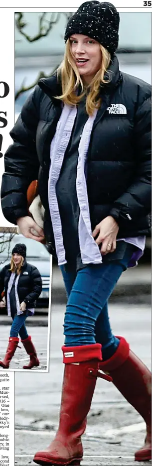  ??  ?? BACK ON HER FEET: After recovering from Covid, Sophie Rundle shows off a possible baby bump – and her wedding band – on a stroll with husband Matt