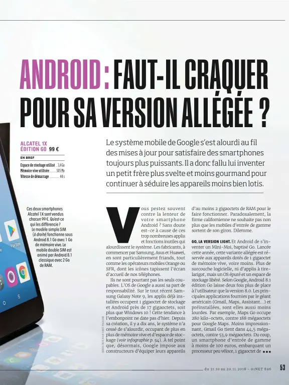  ??  ?? Ces deux smartphone­s Alcatel 1X sont vendus chacun 99 €. Qu’est-ce qui les différenci­e ? Le modèle simple SIM (à droite) fonctionne sous Android 8.1 Go avec 1 Go de mémoire vive. Le mobile double SIM est animé par Android 8.1 classique avec 2 Go de RAM.