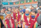  ?? DEEPAK GUPTA/HT ?? (From left to right) BJP’s candidate Dharmveer, Arvind Sharma, BJP state president Swatantra Dev Singh and Govind Narain going to file their nomination for Vidhan Parishad seat in Lucknow.