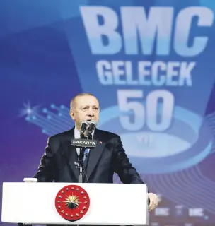  ??  ?? President Recep Tayyip Erdoğan speaks at the ground-laying ceremony for the Turkish defense firms BMC’s new facility in industrial Marmara province of Sakarya, Jan. 13, 2019.