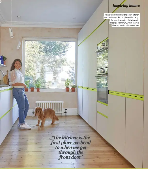  ??  ?? Rather than clutter up their new kitchen with wall units, the couple decided to go for simple wooden shelving with brackets from IKEA, which they’ve  lled with colourful accessorie­s