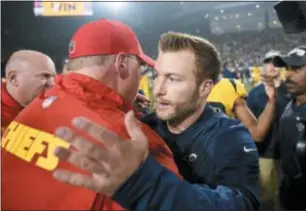  ?? KELVIN KUO — THE ASSOCIATED PRESS ?? Rams head coach Sean McVay, right, greets Chiefs head coach Andy Reid, left, after Monday’s game in Los Angeles.