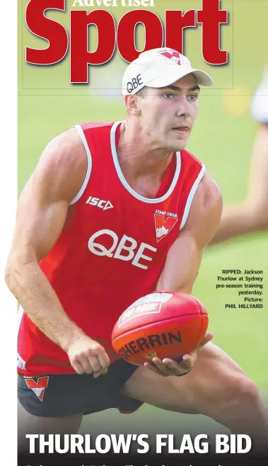  ?? Picture: PHIL HILLYARD ?? RIPPED: Jackson Th Thurlow at Sydney pr pre-season training yesterday.