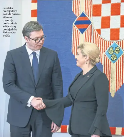  ??  ?? Hrvatska predsjedni­ca Kolinda GrabarKita­rović u svom je uredu primila srbijansko­g predsjedni­ka Aleksandra Vučiča