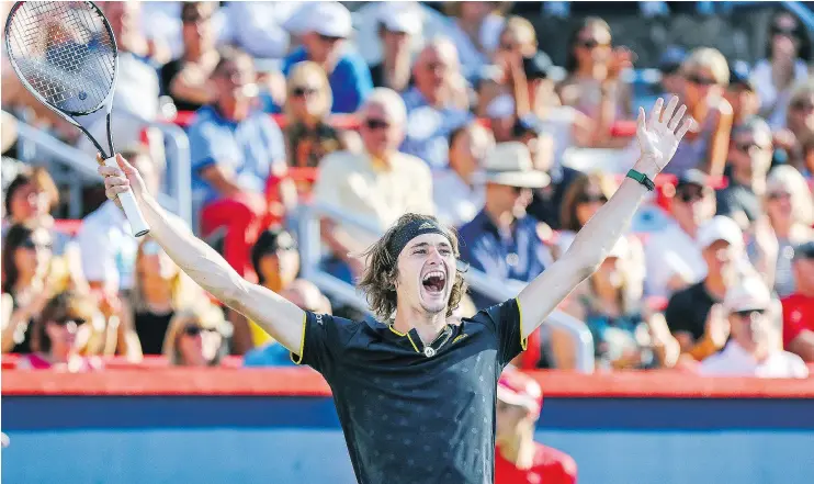  ?? — POSTMEDIA NEWS ?? Germany’s Alexander Zverev lets out a cheer after defeating Roger Federer to win the Rogers Cup men’s championsh­ip on Sunday in Montreal.