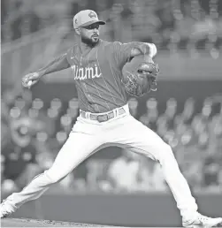  ?? LYNNE SLADKY/AP ?? Marlins starting pitcher Sandy Alcantara, seen Sept. 24, was named winner of the National League Cy Young Award on Wednesday night.