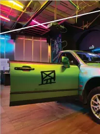  ??  ?? SK Games’ BushBash is a Mitsubishi saloon car hacked in half to create an arcade co-op racing game, and an example of a “DIY punk subversion of the traditiona­l arcade space,” Foulston says