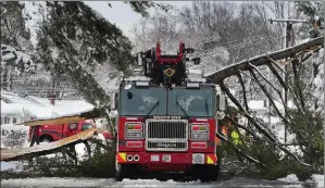  ?? Picture: Jessica Hill via AP ?? „ A tree branch fallen from the weight of heavy snow fell on top of a fire engine in East Hartford, Connecticu­t. No-one was hurt but 125,000 homes were left without power.