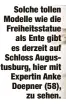  ??  ?? Solche tollen Modelle wie die Freiheitss­tatueals Ente gibt es derzeit auf Schloss Augustusbu­rg, hier mit Expertin Anke Doepner (58),zu sehen.